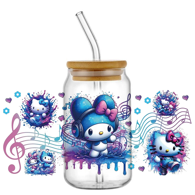 Miniso Cartoon Kitty Cat Pattern UV DTF Transfer Sticker Waterproof Transfers Decals for 16oz Glass Cup Wrap Melody Stickers