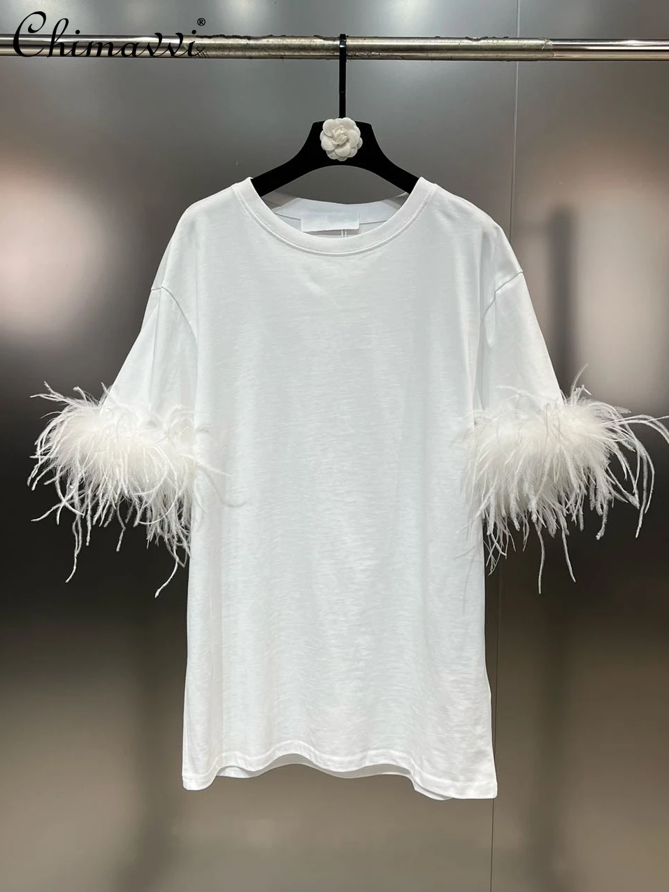 

Spring Fashion Round Neck Short Sleeves Ostrich Feather Decoration Loose Slim-fit T-shirt Loose Round Neck Straight Tees Tops