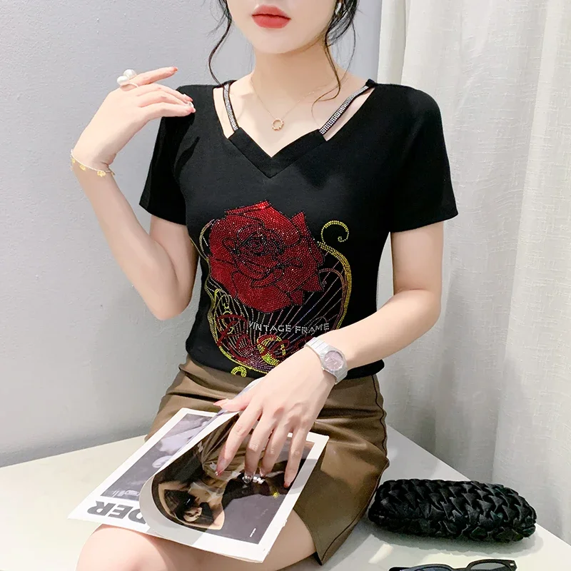

Summer Korean Clothes T-Shirt Fashion Shiny Diamonds Flower Women Tops Sexy Cotton Shirt Tees ZT12