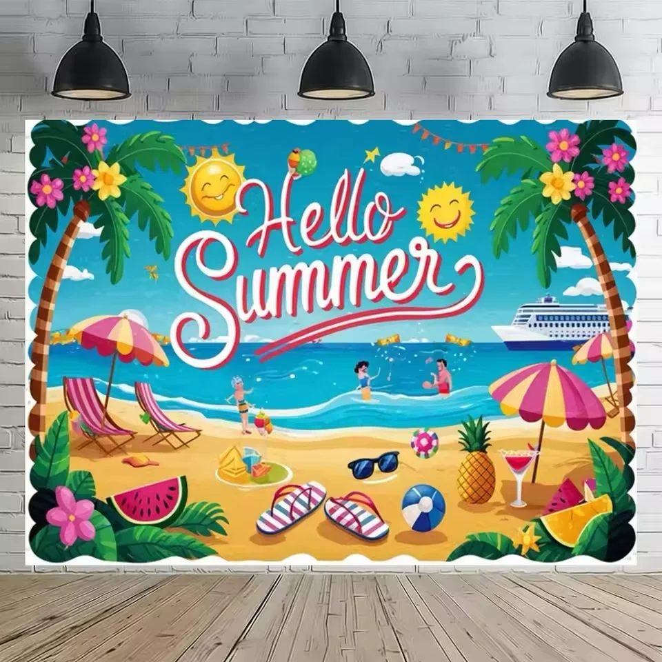 Summer Hawaii Beach Birthday Party Decorations Backdrop Tropical Beach Flamingo Photography Banner Kids Adult Background Props