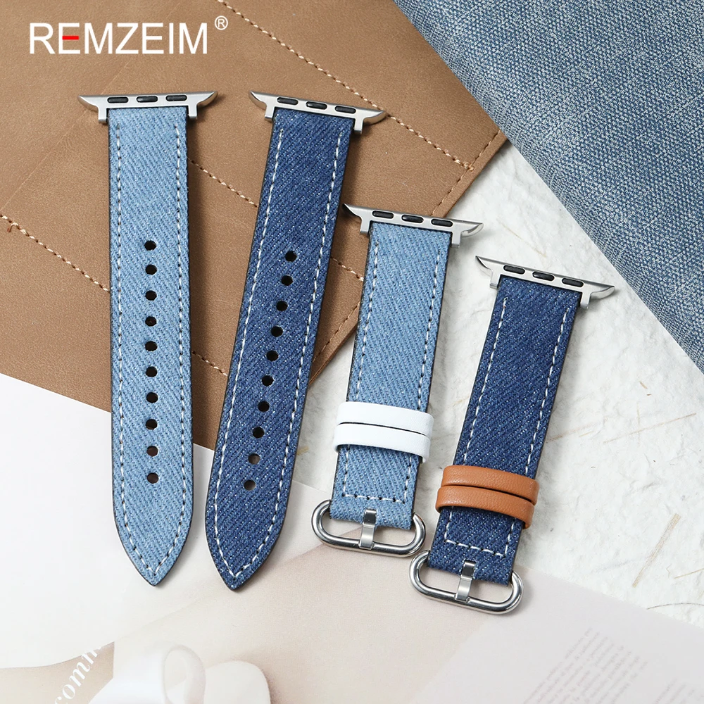Denimblaues Canvas-Leder-Armband für Apple Watch Serie 1-11 Ultra SE Damen-Uhrenarmband für iWatch 38-49 mm alle Modelle