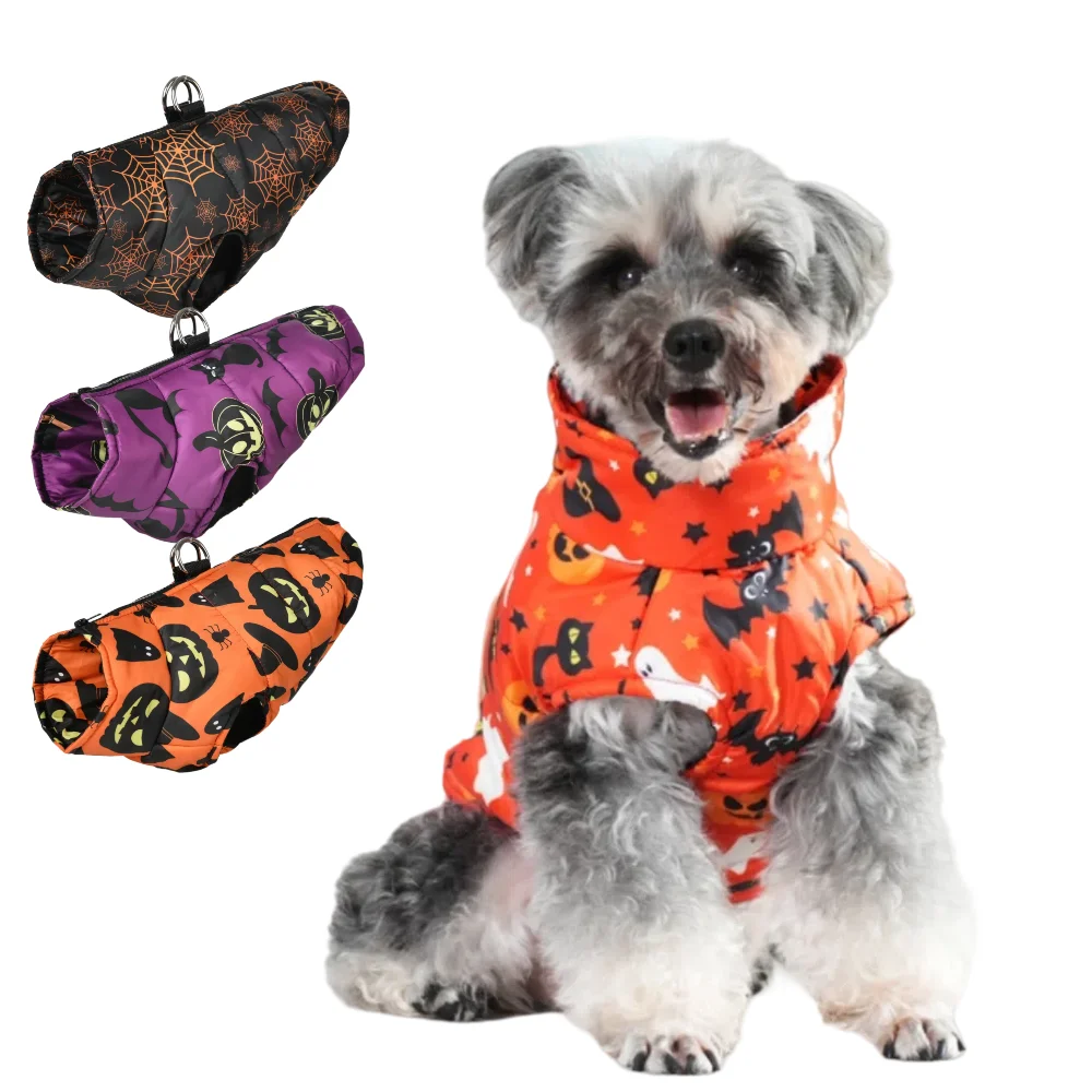 Winter-Haustierkleidung für kleine und mittelgroße Hunde, süßer Kürbis-Druck, Festival-Haustiermantel mit D-Ring, warme Hundejacke, Schnauze-Mops-Kostüm