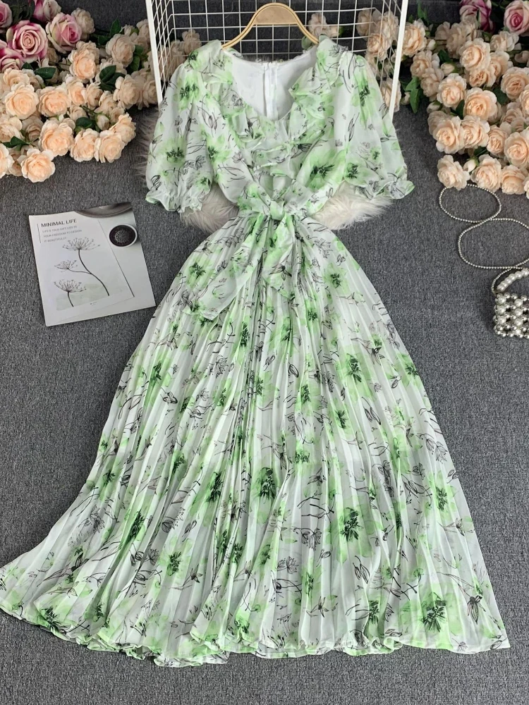 

Women Elegant Floral Chiffon A-line Dress Summer V-neck Short Sleeved High Waist Slim Pleat Party Long Dresses Vestidos