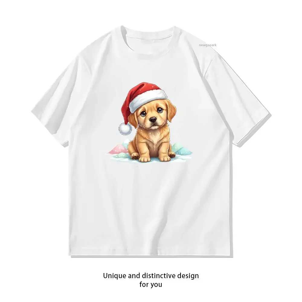 Adorable Plush Golden Retriever Puppy in Christmas Dog T-shirt Woman Man Casual Cotton Graphic T Shirts Creative Streetwear