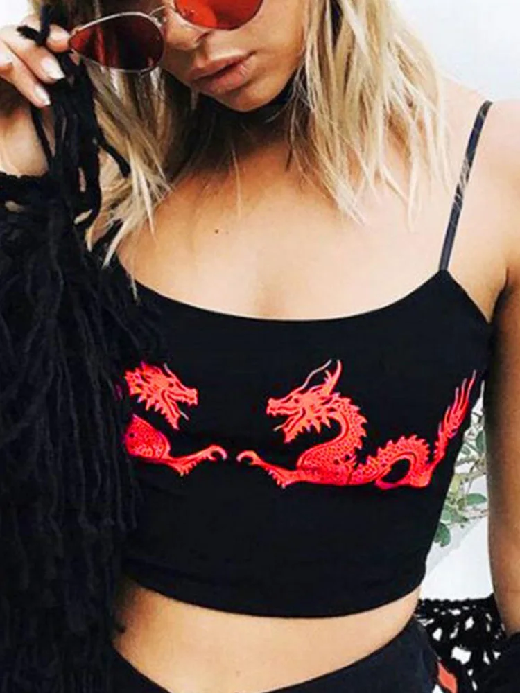 Women Casual Dragon Pattern Crop Tops Summer Cropped Sexy Tight Attractive Fitness Polyester U Neck Fashion Sleeveless Straps