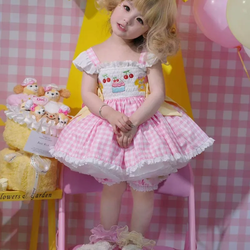 Ins Handmade New Pink Suit Baby Girl Children's Roller Top Plaid Children's Princess Dress Flower Girls Sweet Boutique Dress Set
