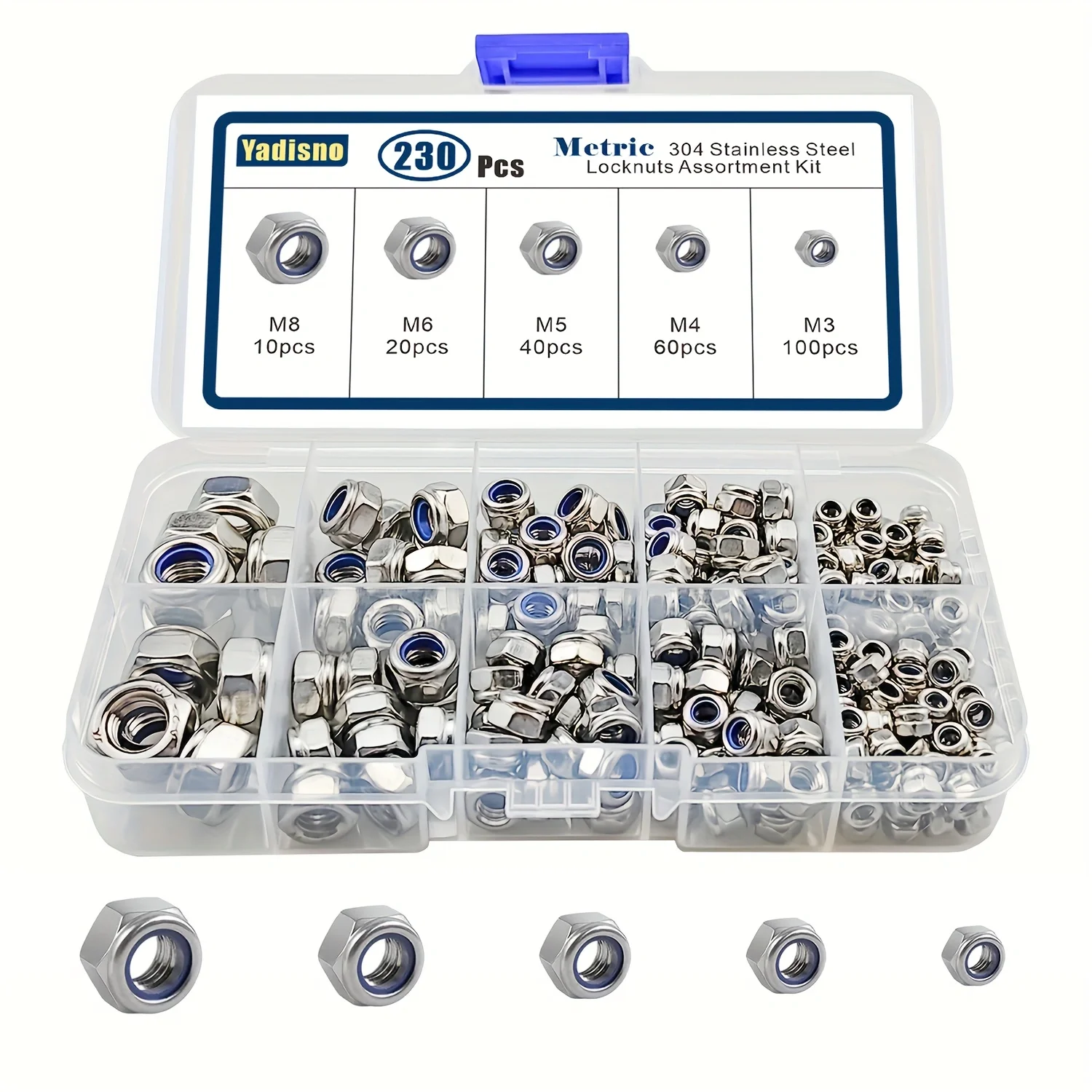 230/300pcs 304 Stainless Steel Lock Nut Assortment Kit Metric Nylon Insert Locknut M3 M4 M5 M6 M8 M10 M12