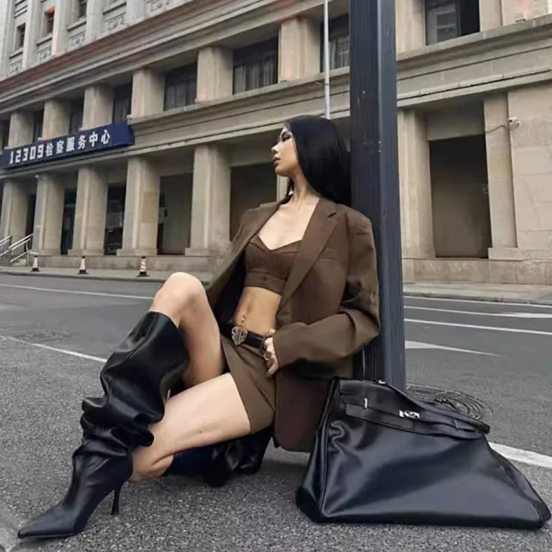 Slender Heel Over Knee Boots Woman Pointed Toe Sexy Heels Fashion Pleated Long Boots Extra Large Circumference Black Thigh Boots