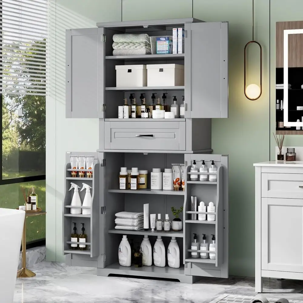 

72 Tall Freestanding Grey Linen Cabinet with 4 Doors and 3-Tier Racks for Bathroom and Living Room Storage