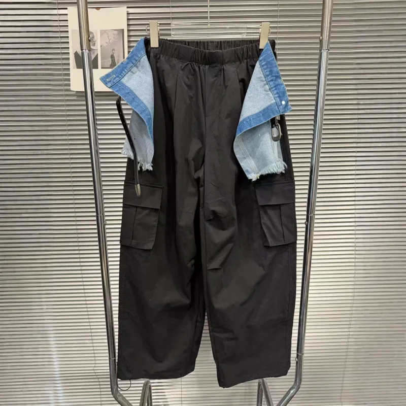 ANJY Spring Autumn New Women Tide Ins Splash-ink Raw Edge Denim Patchwork Pocket Cargo Pants Fashion Loose Casual Bottoms A24935