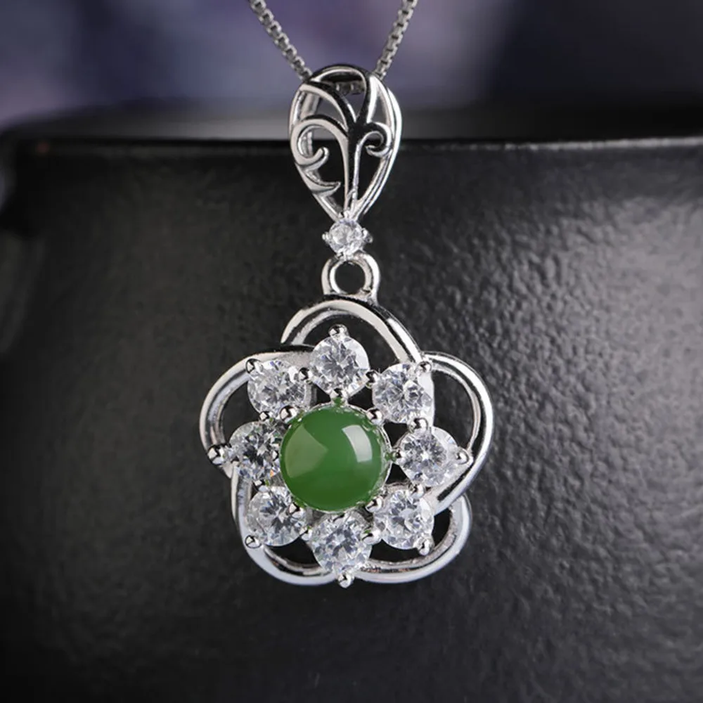 

GL Pendant with Zircon and Hetian Jade for Women, With Certificate, Hollow Flower Nephrite Pendant, Jade Necklace - A Great Gift