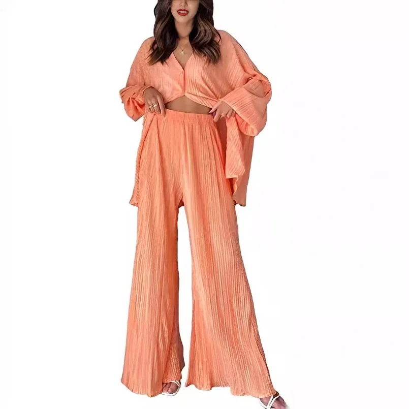 Household Style Pleated Flared Pants, Single-breasted Home Clothes, 2-Piece Set with Drape, Autumn