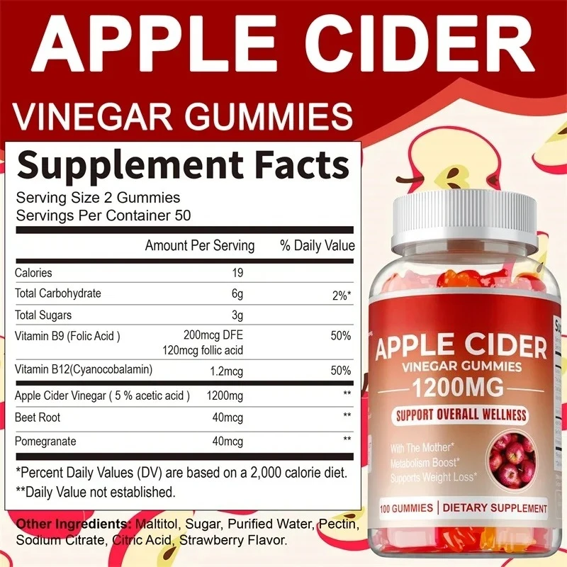 Apple Cider Gummies - Improves Digestion, Reduces Bloating and Constipation, Boosts Immunity, Weight Management