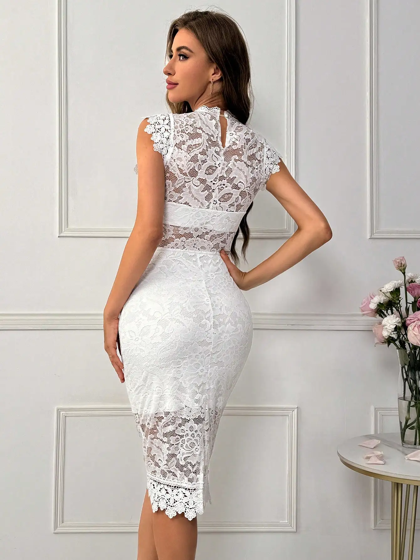Firerie Minivestido feminino de verão simples e elegante de renda branca com recortes ocos e cintura,