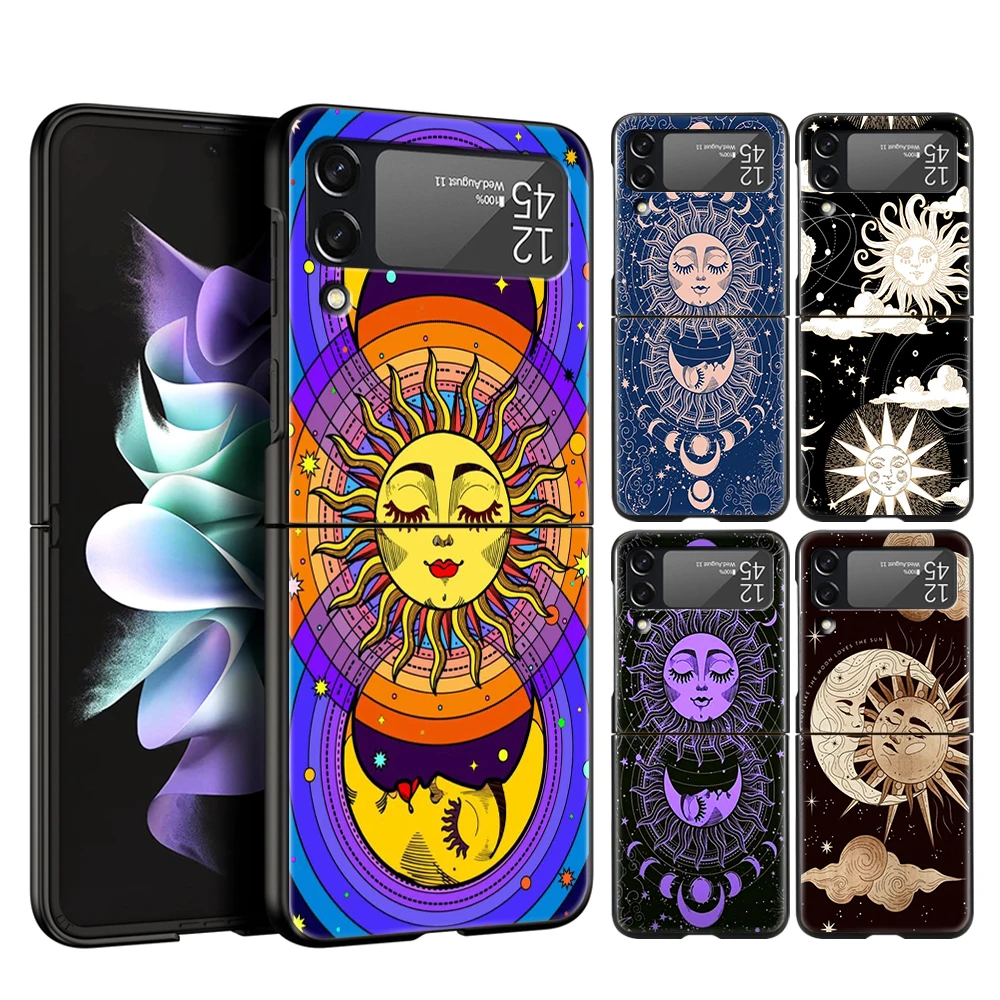 Funny Sun Moon Face Hard PC Phone Case For Samsung Galaxy Z Flip 4 5 Black Cover For Galaxy Z Flip 3 Foldable Shockproof Cases