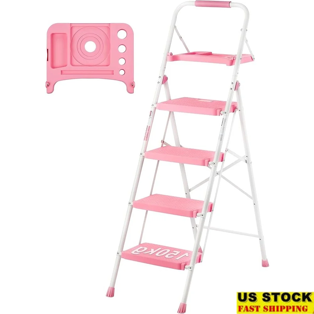 400lbs Max Load 4-Step Folding Ladder Tool Tray Anti-Slip Pedals Portable Lightweight Steel Step Stool Compact Design