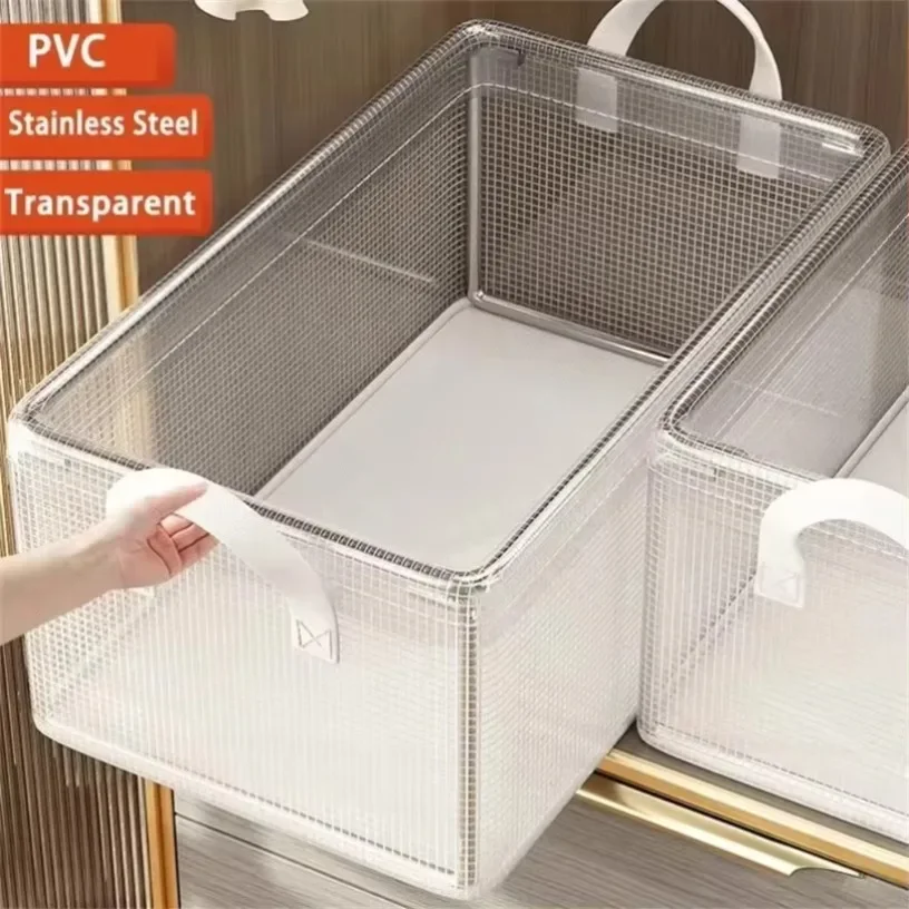 Storage Box For Wardrobe Clothes Basket PVC Transparent Organizer With Steel Frame Pull Handle Easy Access Closet Shelf Bedroom