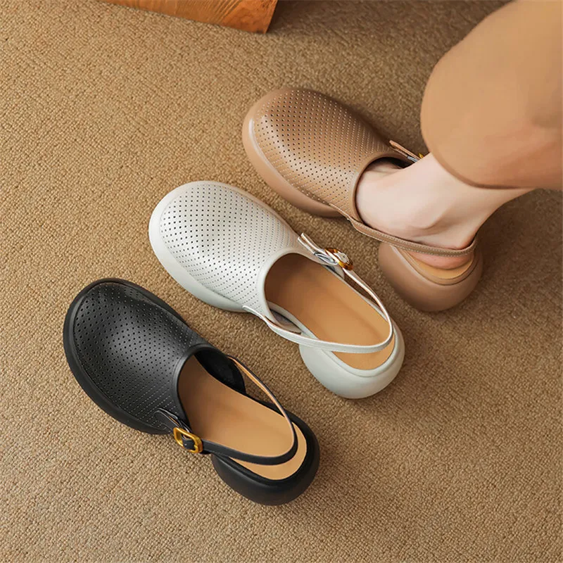 New Summer Sandals Round Toe Hollow Out High Heels Sandals for Women Handmade Platform Sandals Zapatos Mujer Chunky Heel Shoes