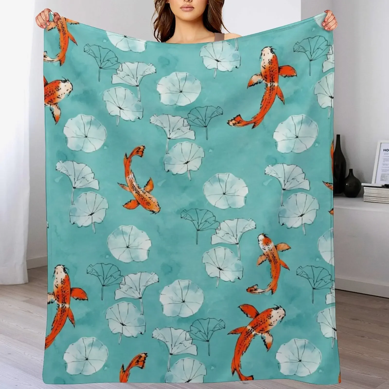 Waterlily koi in turquoise Throw Blanket Cozy Microfiber Throw Blanket for Home Bedroom