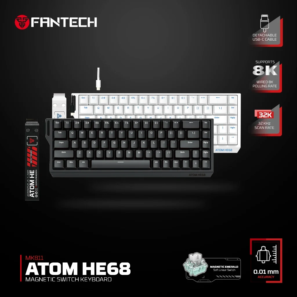 FANTECH MK811 ATOM HE68 Wired Magnetic Switch Gaming Keyboard 68Key 8K Polling Rate 0.01mm Adjustable Actuation