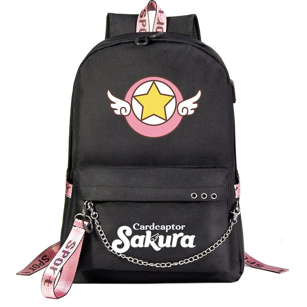 Anime sakura menina cartão captor usb mochila escola livro sacos fãs sacos de viagem portátil corrente fone de ouvido