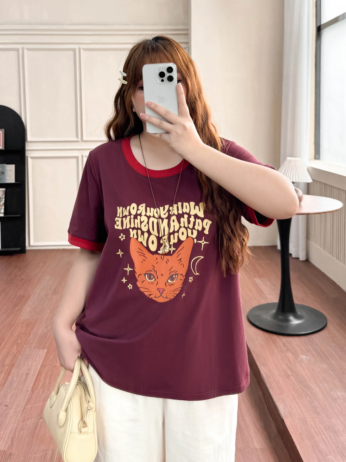 

Футболка большого размера в американском стиле с коротким рукавом, круглым вырезом, мультяшным принтом, повседневная, дышащая, летняя, для женщин весом более 200 фунтов