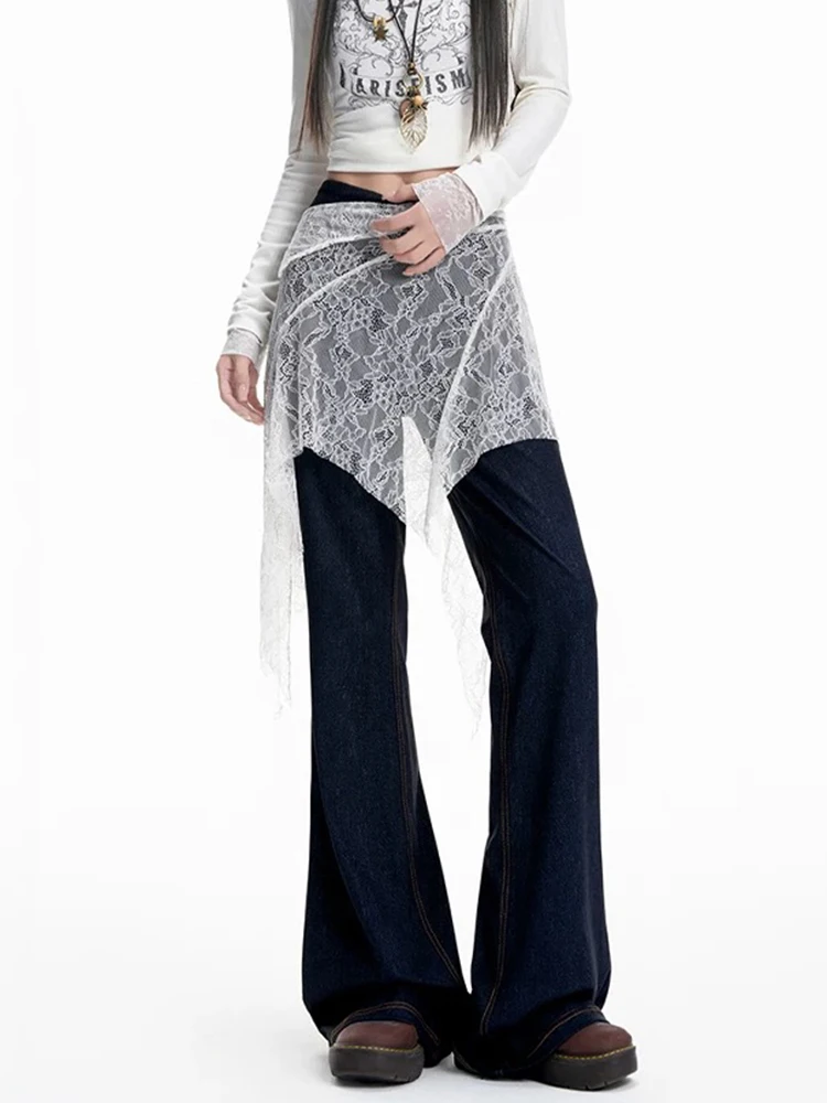 

Женские брюки-подкова Y2K с высокой талией, облегающие темно-синие джинсы в стиле ретро, микро-клеш, кружевной дизайн