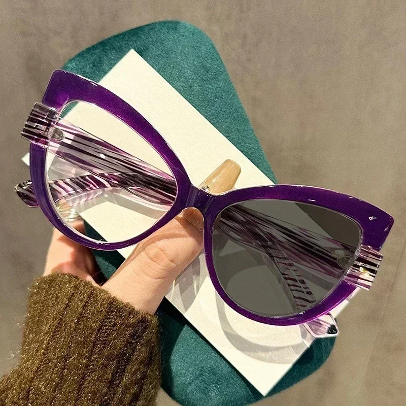 Retro Große Rahmen Cat Eye Photochrome Myopie Gläser Gradienten Rahmen Premium Sinn Lesebrille UV Schutz Gläser Frau – Detail 3