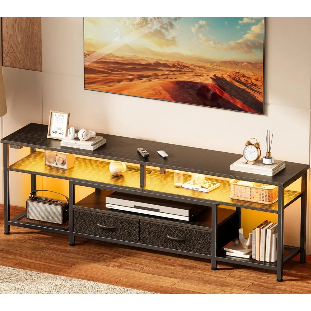 Large TV Stand for 65-70 Inch TVs, Entertainment Center with Built-in Outlets and LED Lighting, Living Room Media Console