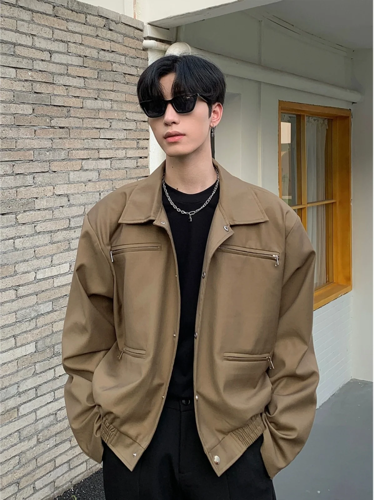 

Retro American Metal Zipper Design Work Jaet Men's oulder Padded Cool Casual ort Outerwear for Autumn Youth Faion