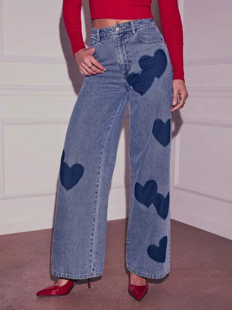 

Fashion Heart Print Denim Trousers Spring Clothing Women 2026 High Waist Straight Jeans Pants Female Casual Loose Denim Pants