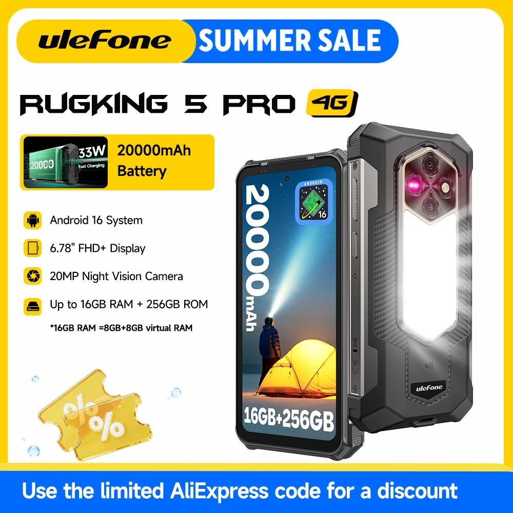 Ulefone RugKing 5 Pro 20000mAh Rugged Phone Android 16 16GB+256GB IP68/IP69K Waterproof Smartphone 6.78 FHD+ Night Camera 4G