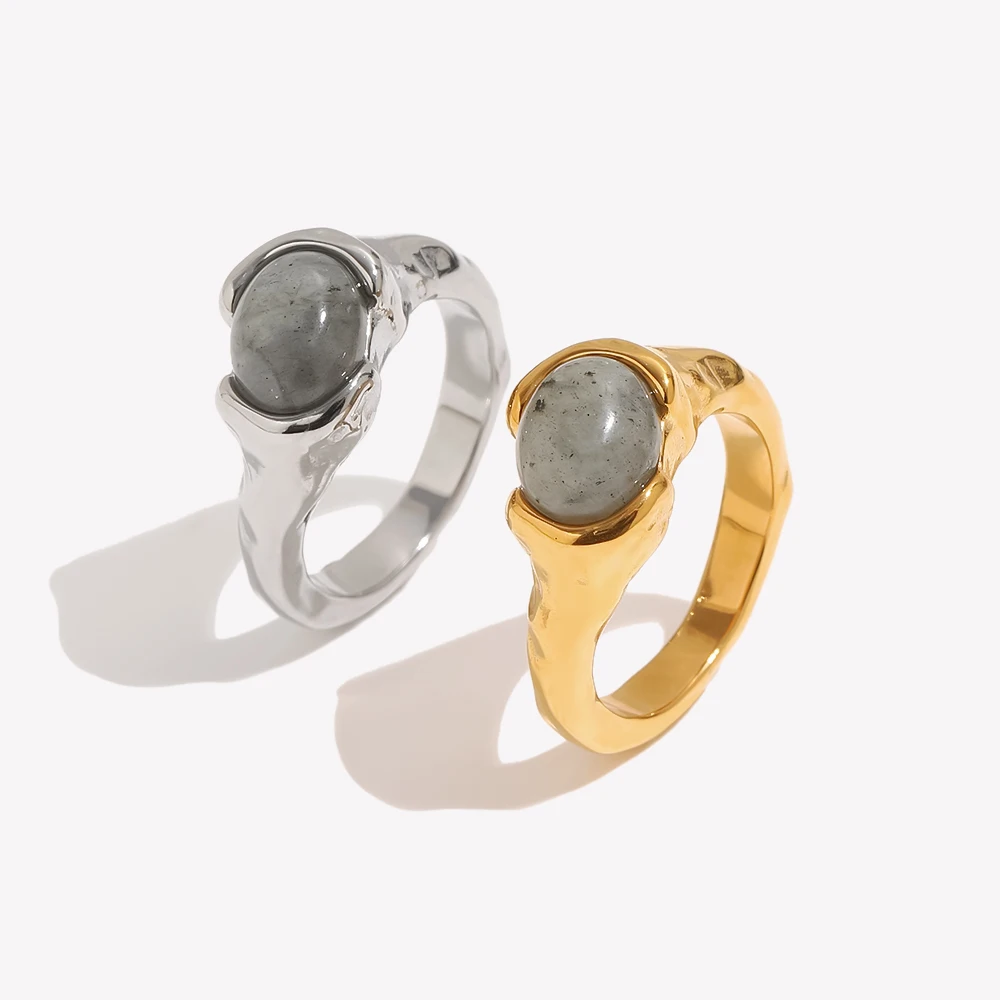 E.B.belle Molten Hammered Irregular Natural Grey Stone Ring 18K Gold Plated Stainless Steel Women Rings Fashion Ladies Jewelry