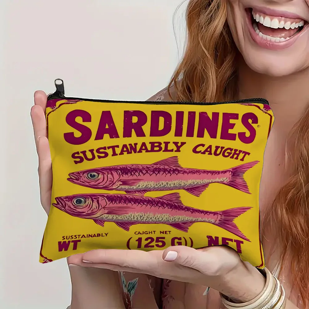 Sardines Tin Mini Cosmetic Bag, Tinned Fish Accessory Clutch, Trendy Sardines Mini Bag, Sardines Zipper Pouch, Retro Pencil Case