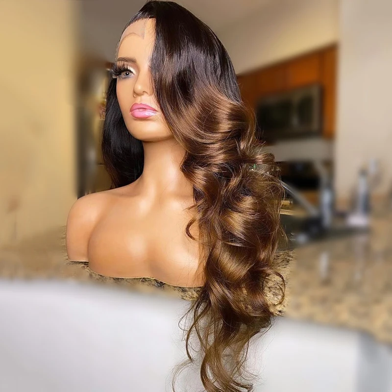 Suave preplucked ombre loira marrom onda do corpo 180 densidade 26 Polegada longa peruca dianteira do laço para preto feminino cabelo do bebê natural linha fina