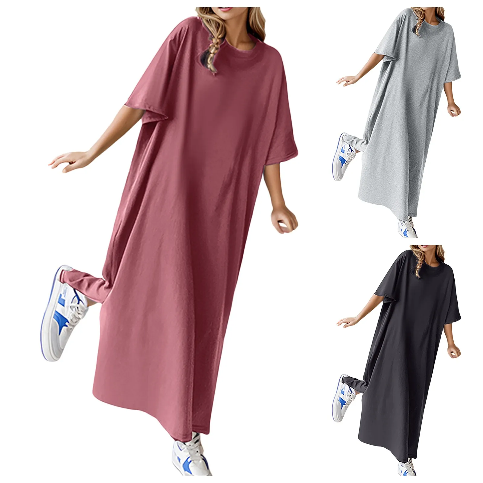 Solid Oversized T Shirt Dress For Women 2025 New Korean Fashion Split Long Maxi Dresses Summer Short Sleeve Beach Sundress 3xl