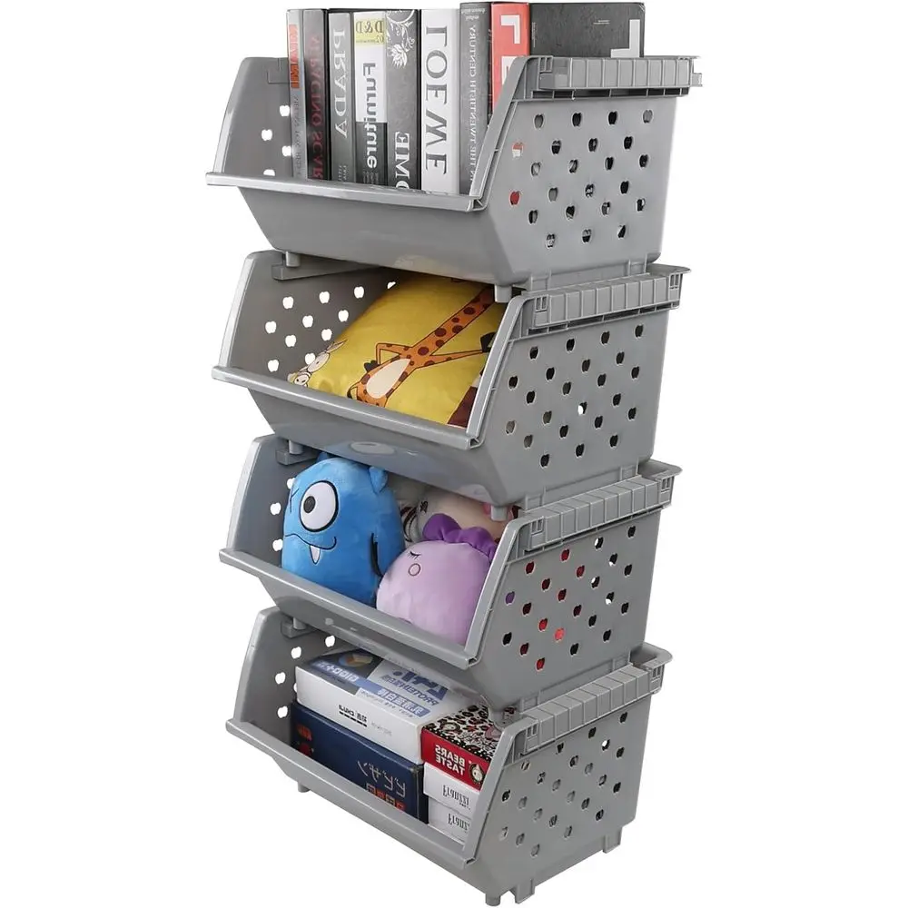 

Набор из 4 больших пластиковых штабелируемых корзин-органайзеров, открытые контейнеры для хранения серого цвета