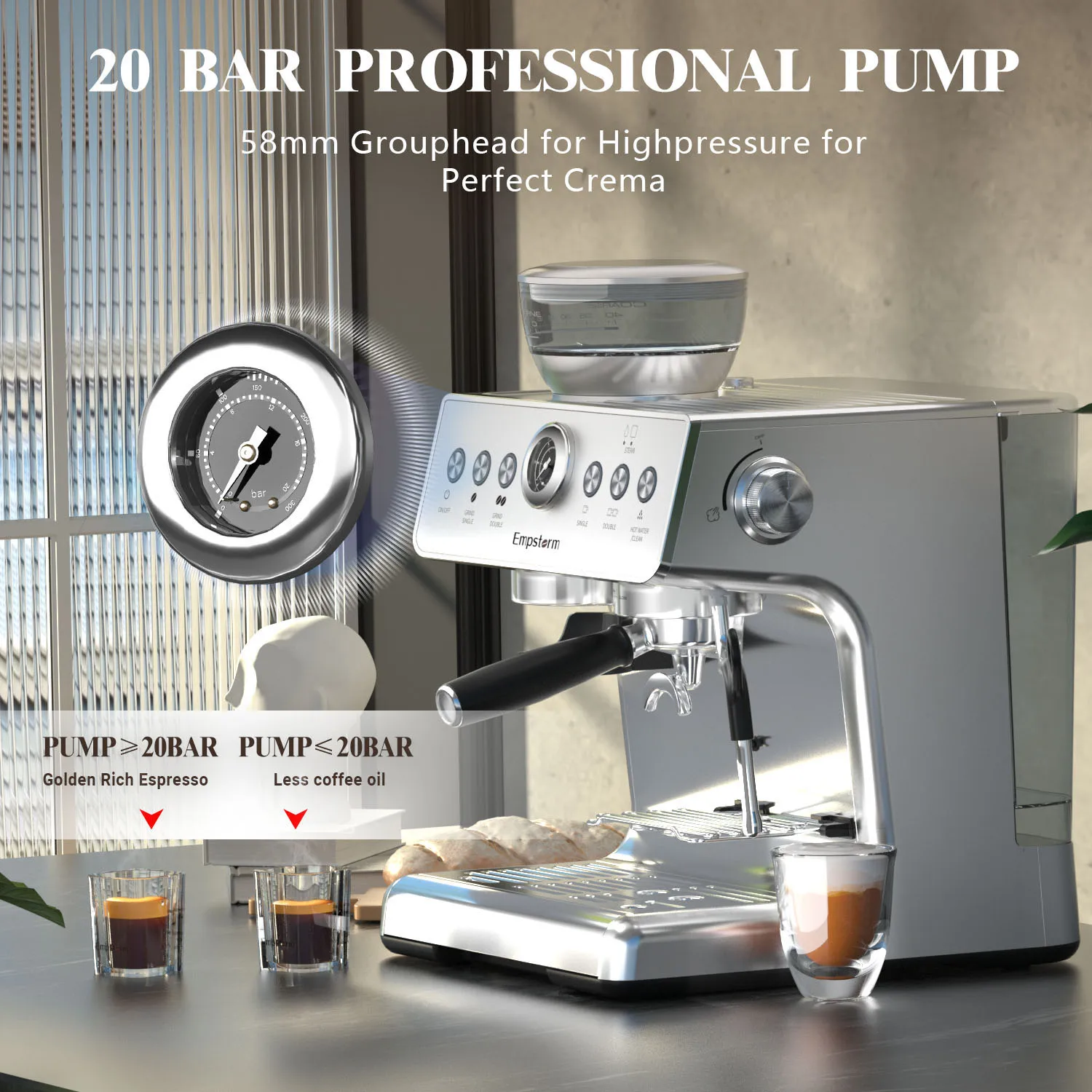 Empstorm 21M Montalatte elettrico da 20 bar in acciaio inossidabile 304 + ABS Macchina per caffè espresso con bacchetta a vapore per uso alberghiero