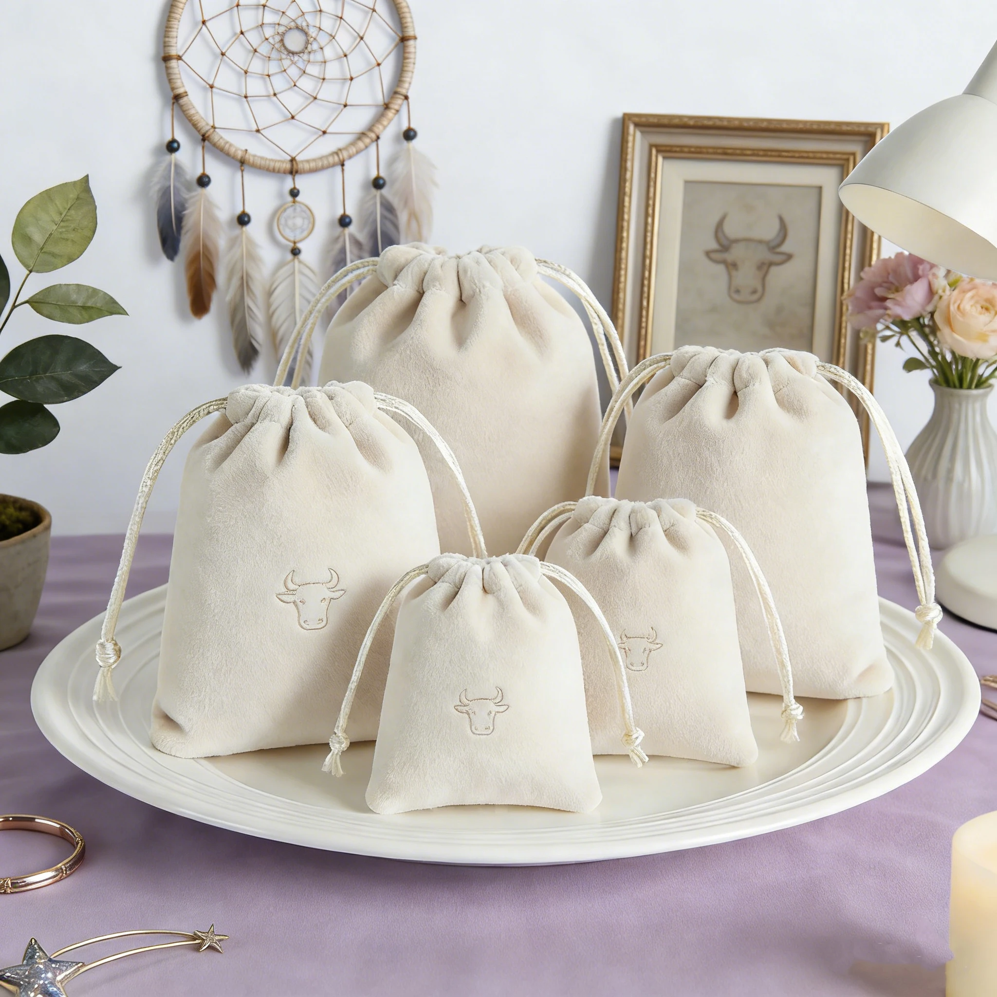 

Оптовая продажа, 50 шт., бежевые бархатные мешочки на шнурке, упаковка для ювелирных изделий, подарочные пакеты с индивидуальным логотипом, роскошные маленькие мешочки для серег