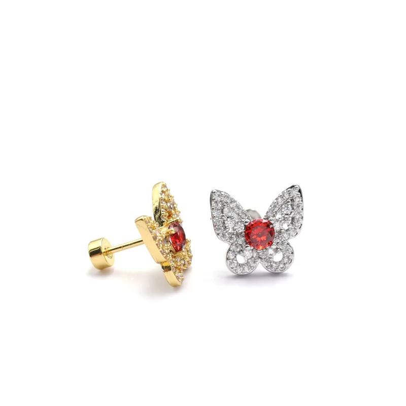 1 PCS Elegant Red Zircon Butterfly Shape Helix Earring Cute Small Round Ball Ear Cartilage Piercing Stud Cuff Jewelry