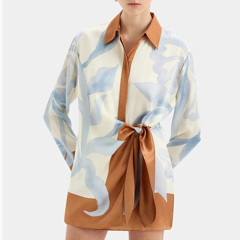Robes de soirée décontractées à nouer pour femmes, élégantes, nouveau graphique, manches longues, ample, Mini robe pour dames, mode col à revers, chemises 2025