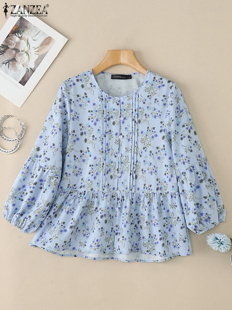 ZANZEA Mode Pintuck Chemise Femme Casual Ditsy Bloemen Gedrukt O-hals Verstoorde Zoom Tops Zomer 3/4 Lantaarn Mouw Dames Shirts
