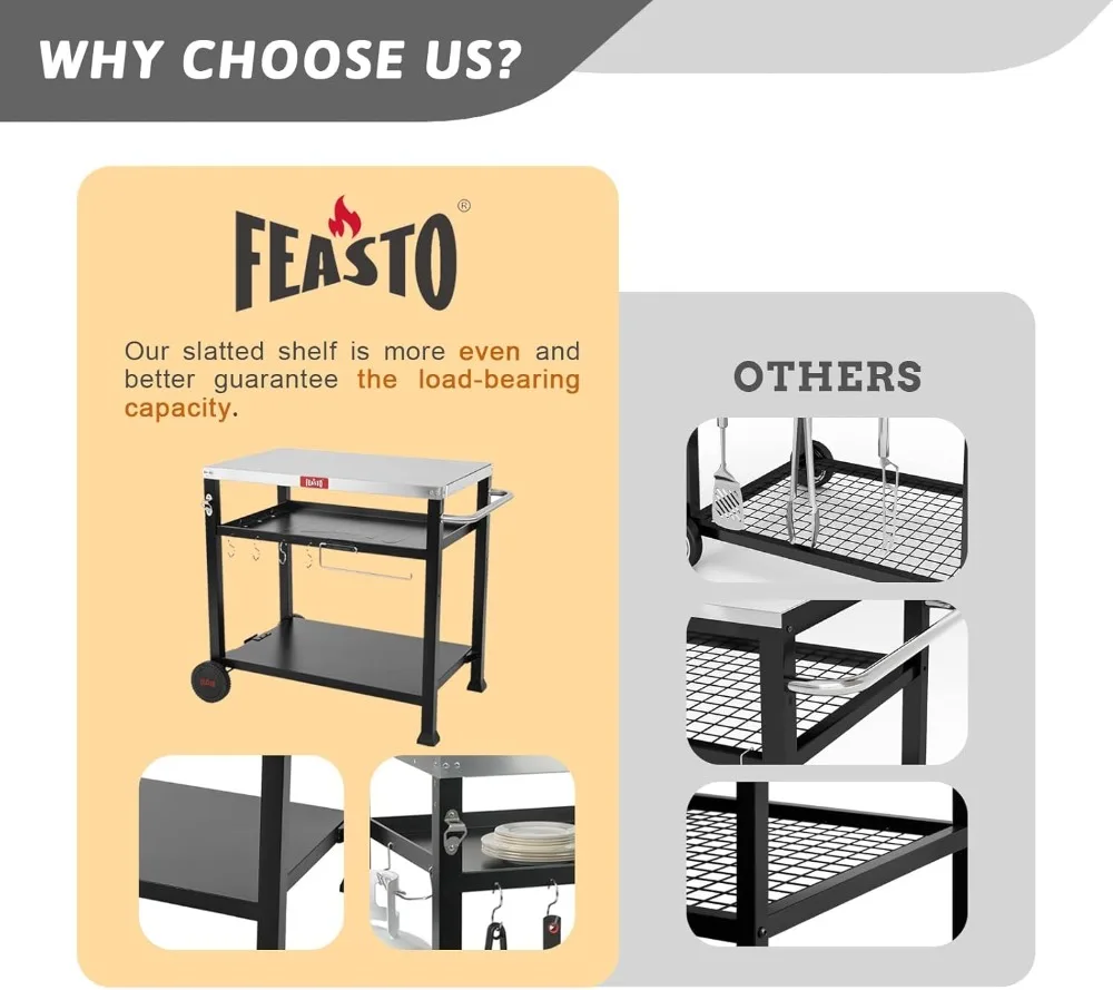 Tavolo per griglia da esterno a 3 ripiani con ruote, supporto per forno per pizza per piastra Blackstone, stazione di cottura mobile per interni ed esterni