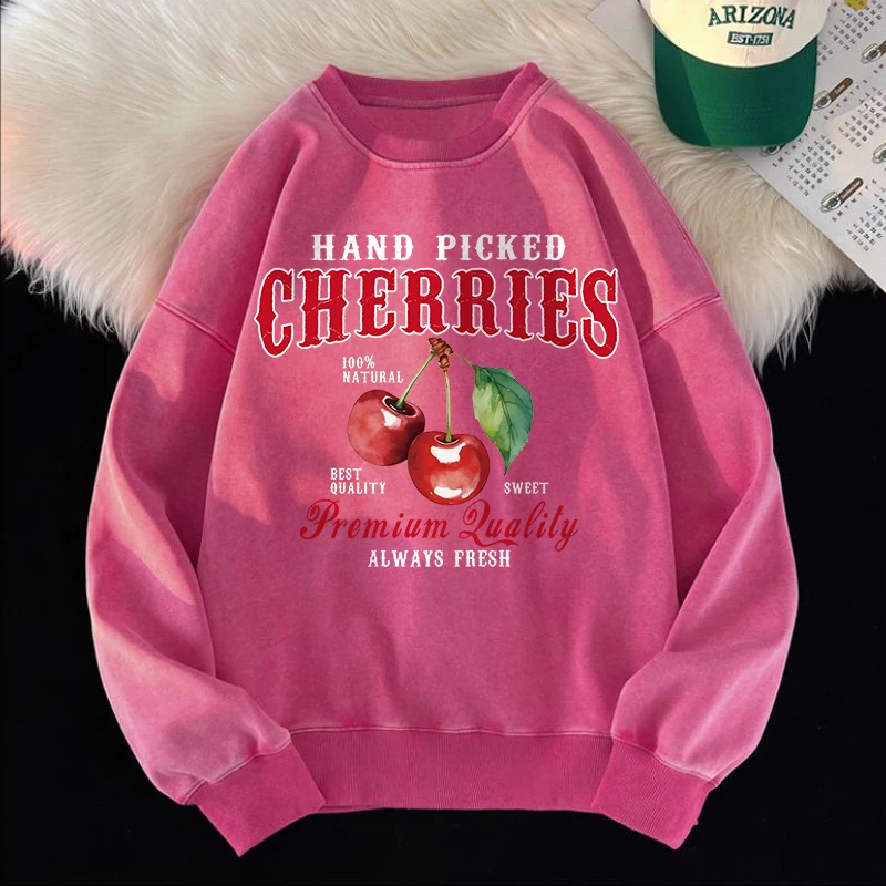 Hand Picked Cherries Washed Sweatshirt Womens Fresh Fruits Prints Clothes Oversize O-Neck Cotton Hoodies Winter Warm Womans Tops