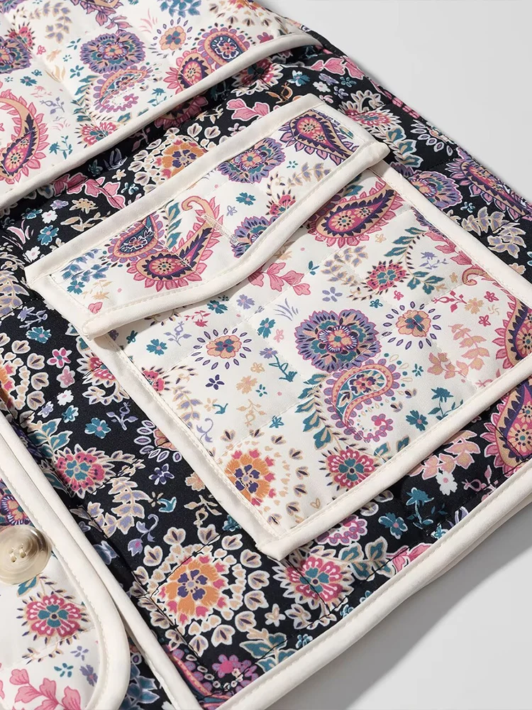 معطف نسائي جديد على الطراز الأوروبي متعدد الاستخدامات ومزاج نحيف مطبوع عليه زهور وأكمام طويلة وياقة واقفة معطف قطني مبطن