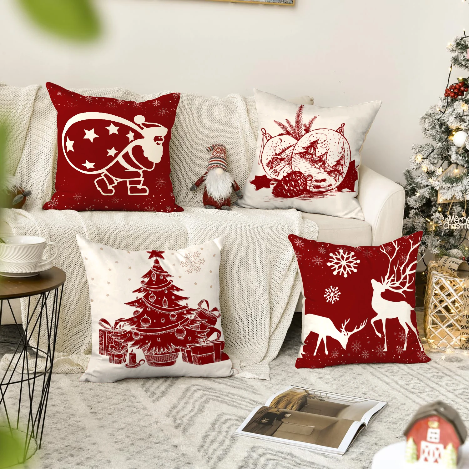 1/4pcs Christmas decoration sofa cushion cover, Christmas tree Santa Claus reindeer snowflake decoration pillow cover