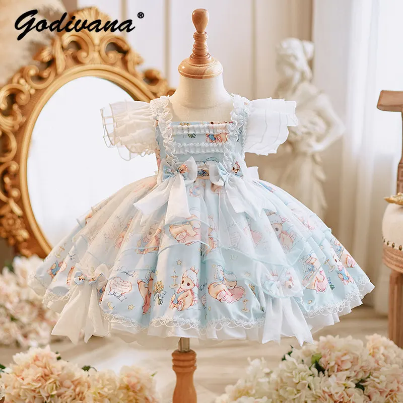 Sweet Baby Girls High End Lolita Princess Dress Kids Summer New Feifei Sleeve Bow Cartoon Print Lace Trim Birthday Party Gown
