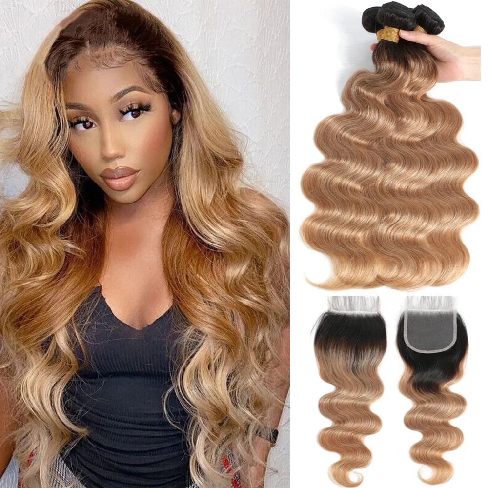 Ombre Color Body Wave Human Hair Bundles with Closure 100% Unprocessed Virgin Hair 1b/27 Colored Bundles Human Hair Extension