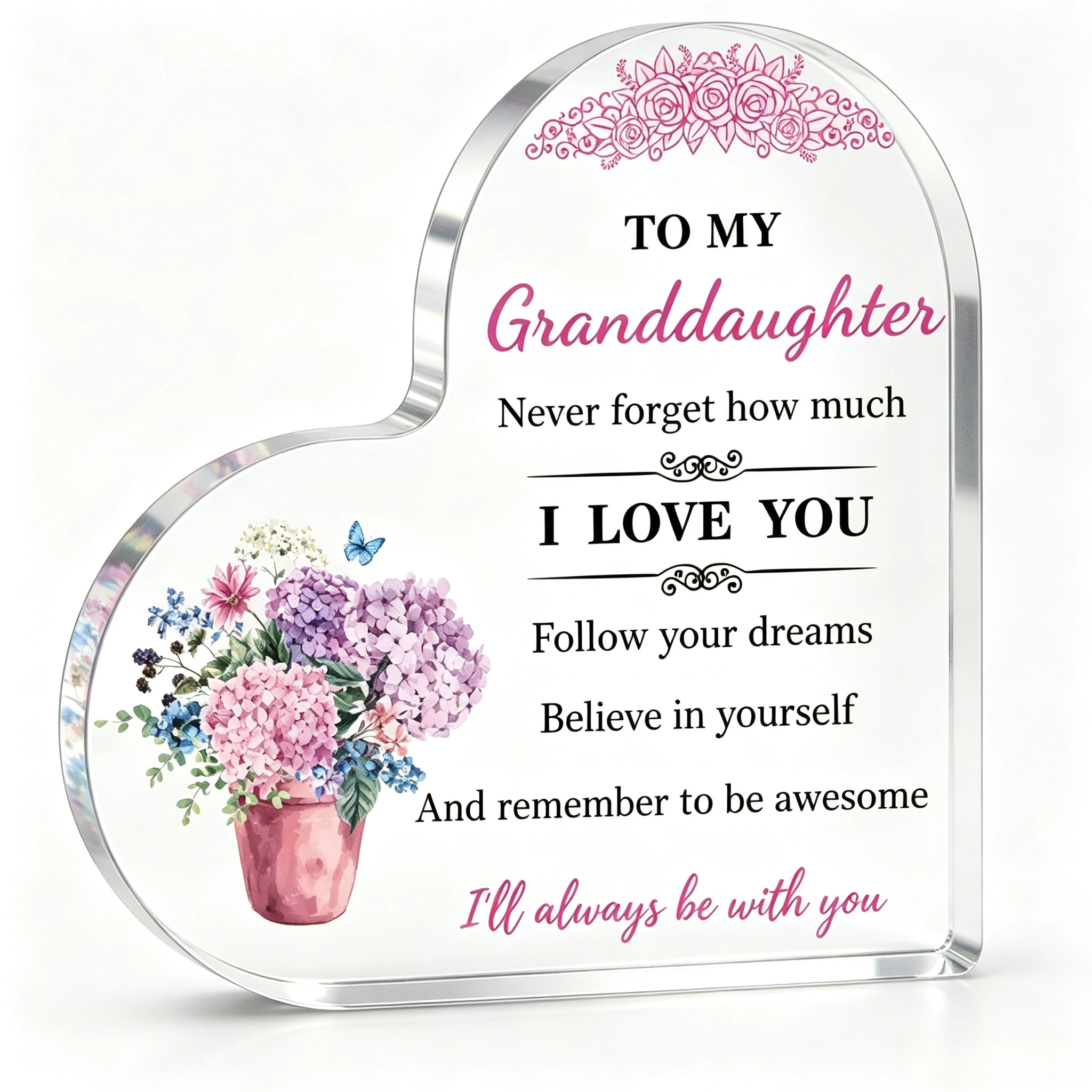 Follow Your Dreams Quote Heart Acrylic Sign, Colorful Floral Butterfly Desktop Decor for Granddaughter