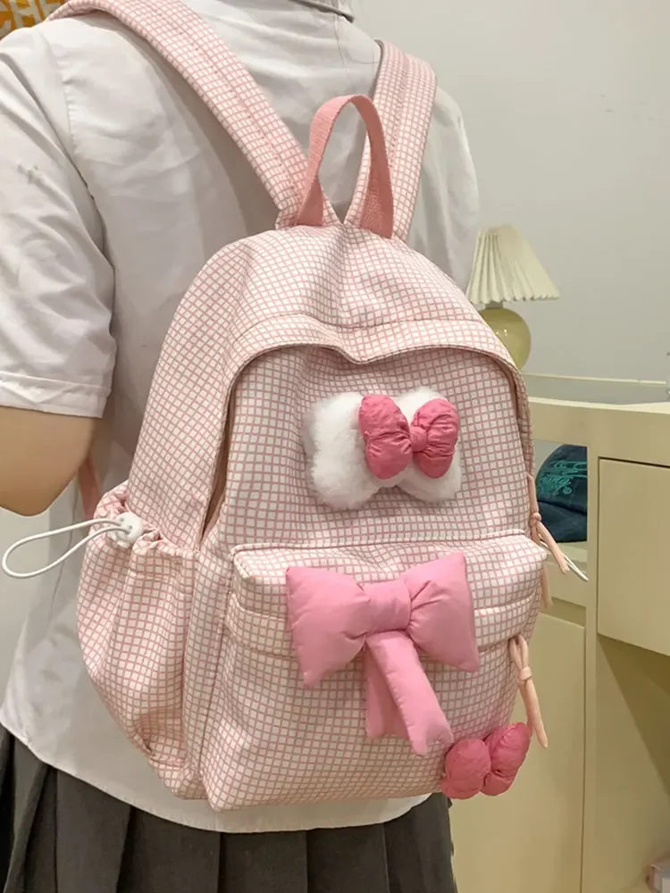 Large Capacity Plaid Cute Bowknot Backpack Lattice Korean Style Nylon Student School Bag Solid Color Lightweight